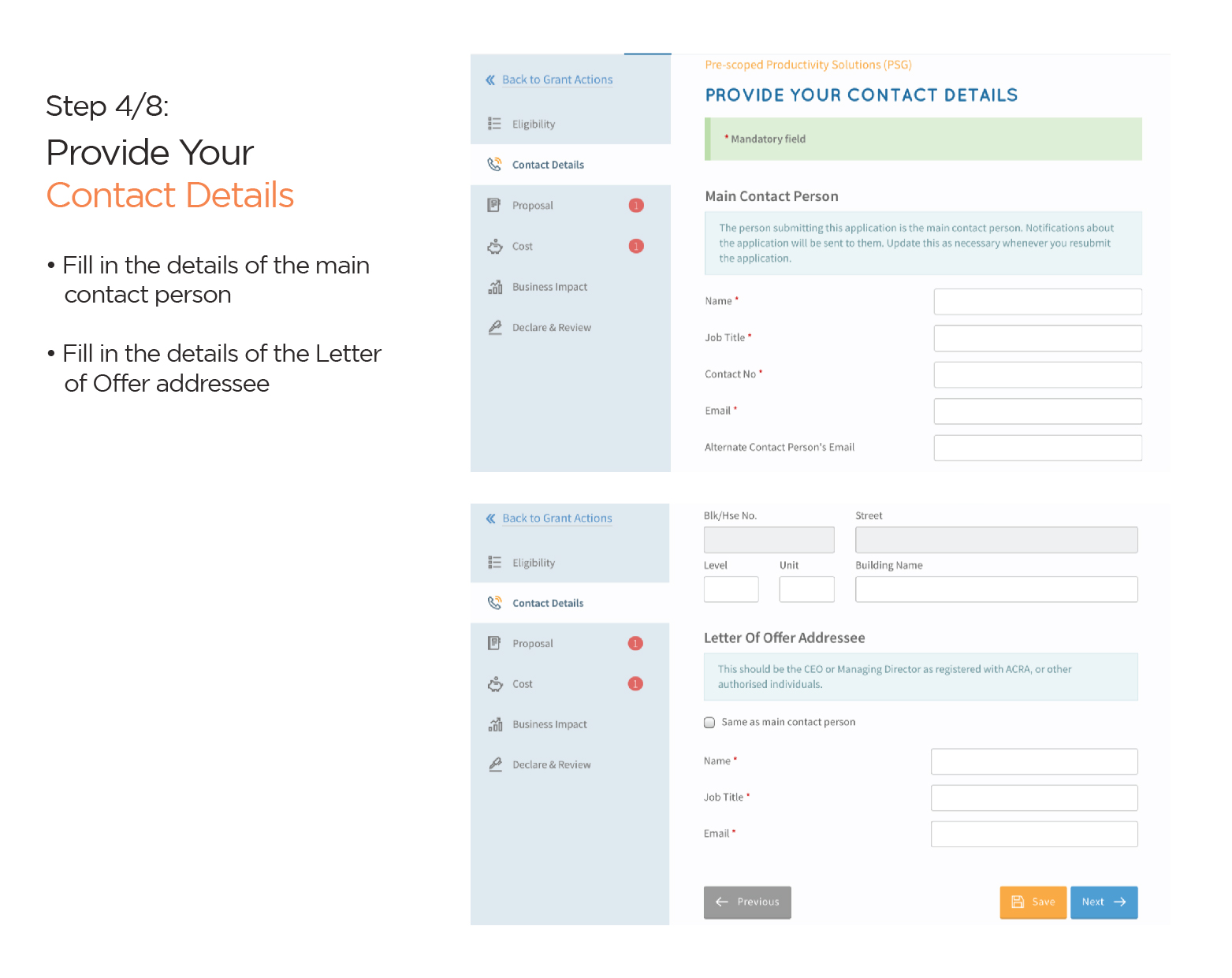 Include the details of the main contact person