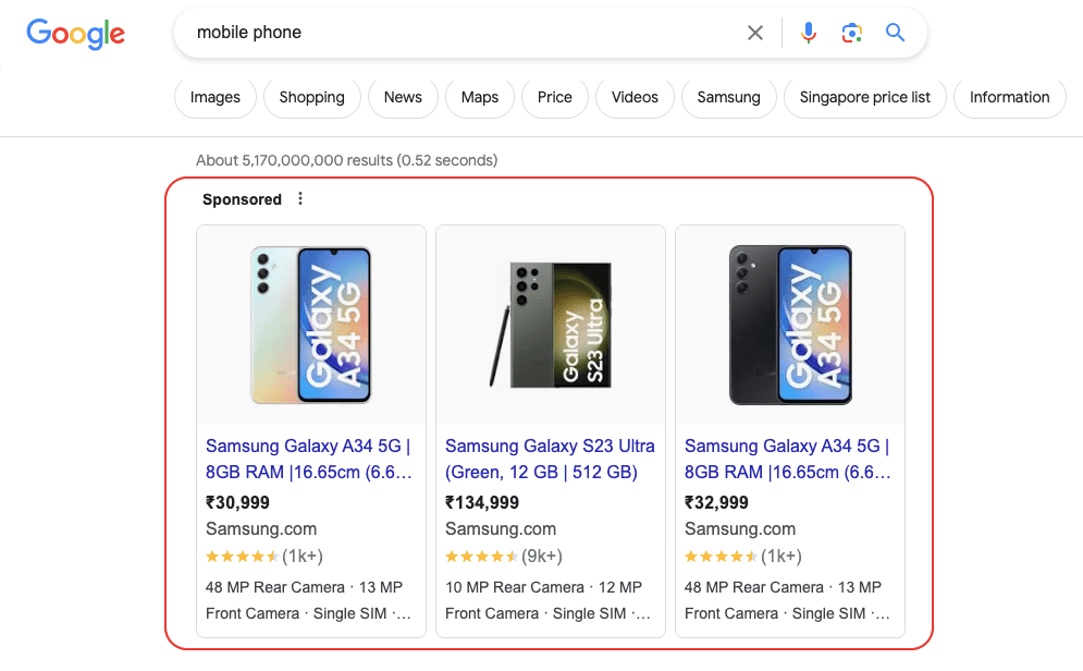 SEM results on Google SERP