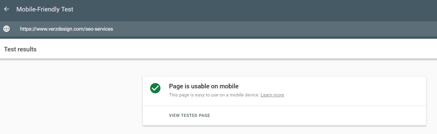 Verz Design SEO Services page’s mobile-friendly test result