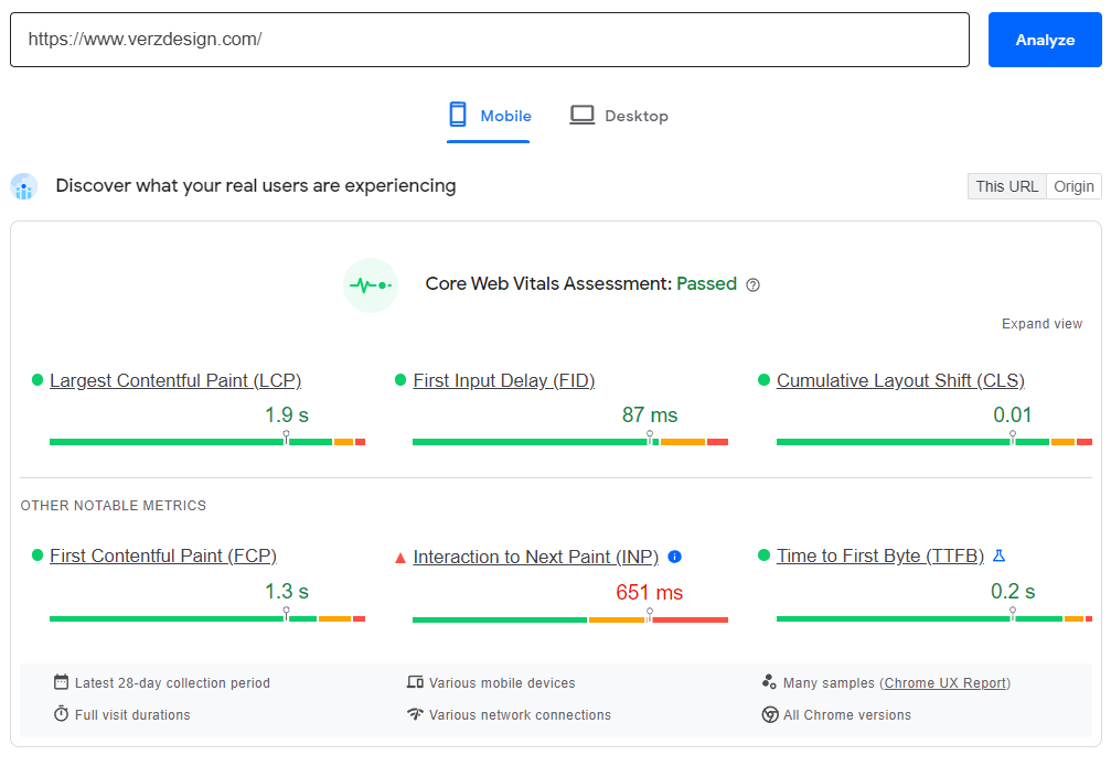 Verz Design’s Pagespeed Insights mobile result
