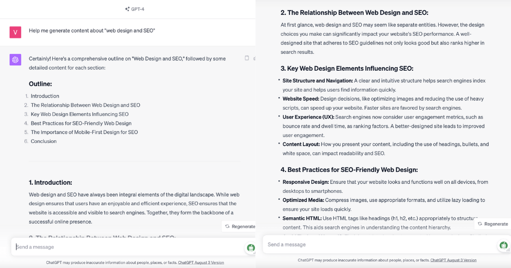 Chat GPT-4's generated content about web design and SEO