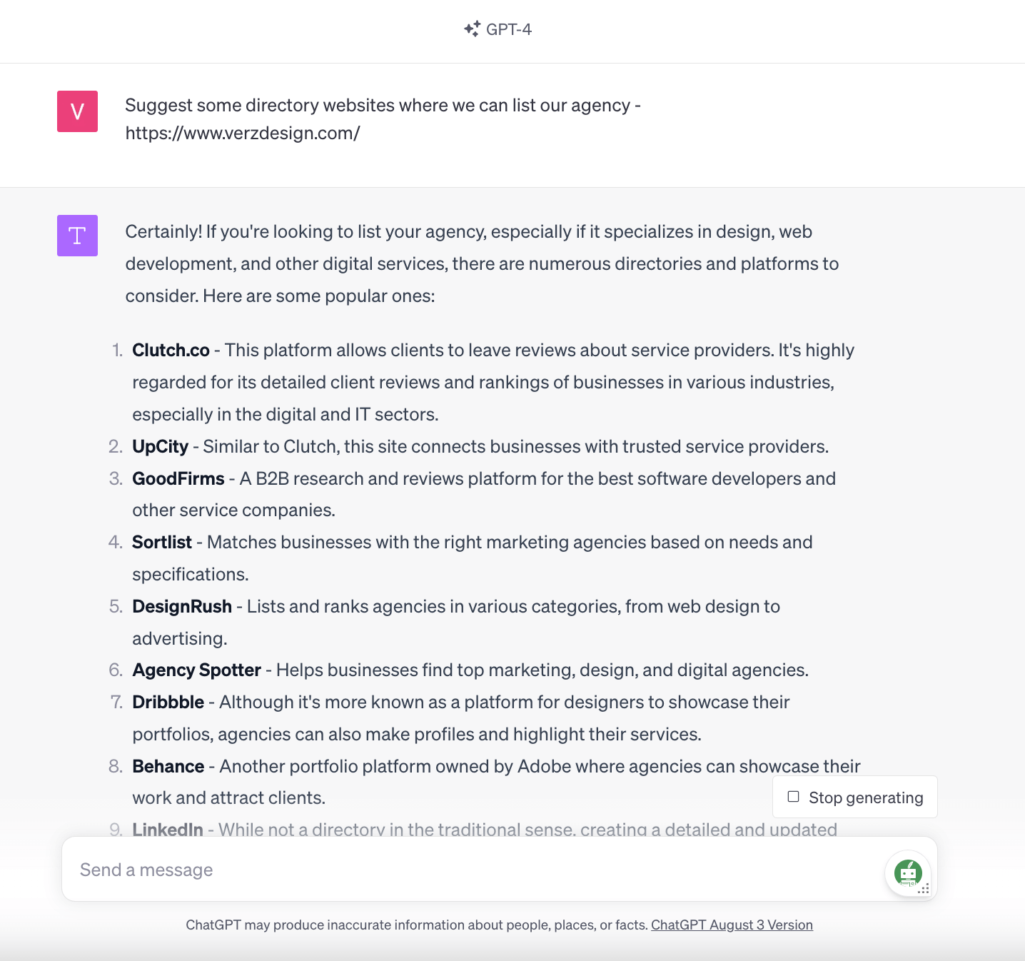 ChatGPT-4's generated directory websites