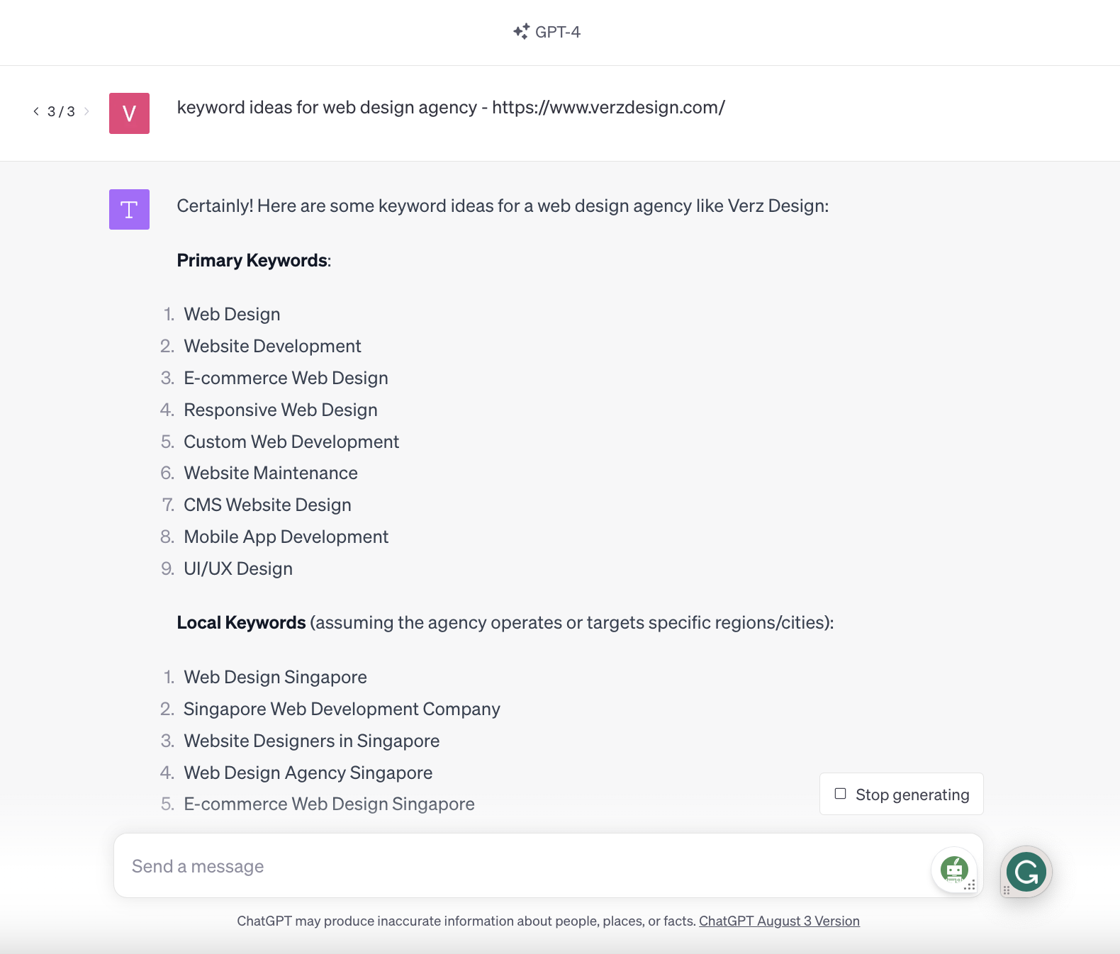 ChatGPT-4's generated keyword ideas for web design agency