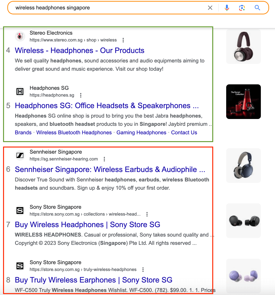 Google search engine page result for wireless headphones Singapore, showing smaller brands outranking bigger brands