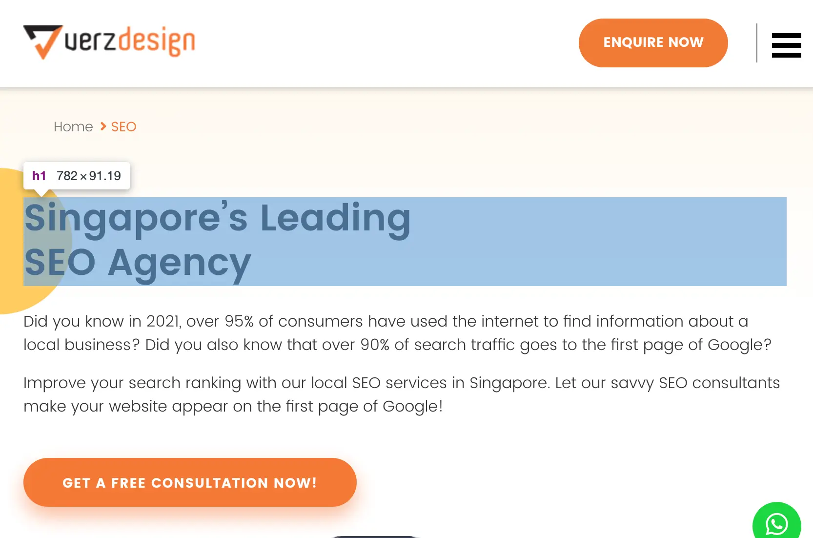 Verz Design SEO page with optimized H1
