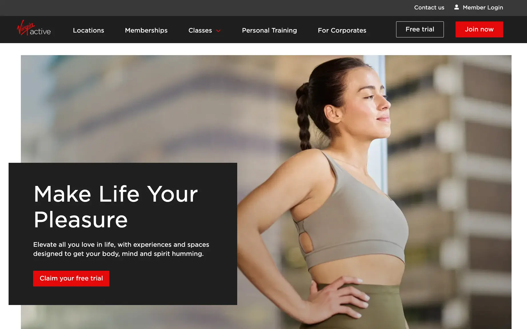 Virgin Active page, featuring a woman in workout clothes and compelling and straightforward CTA ‘Claim your free trial