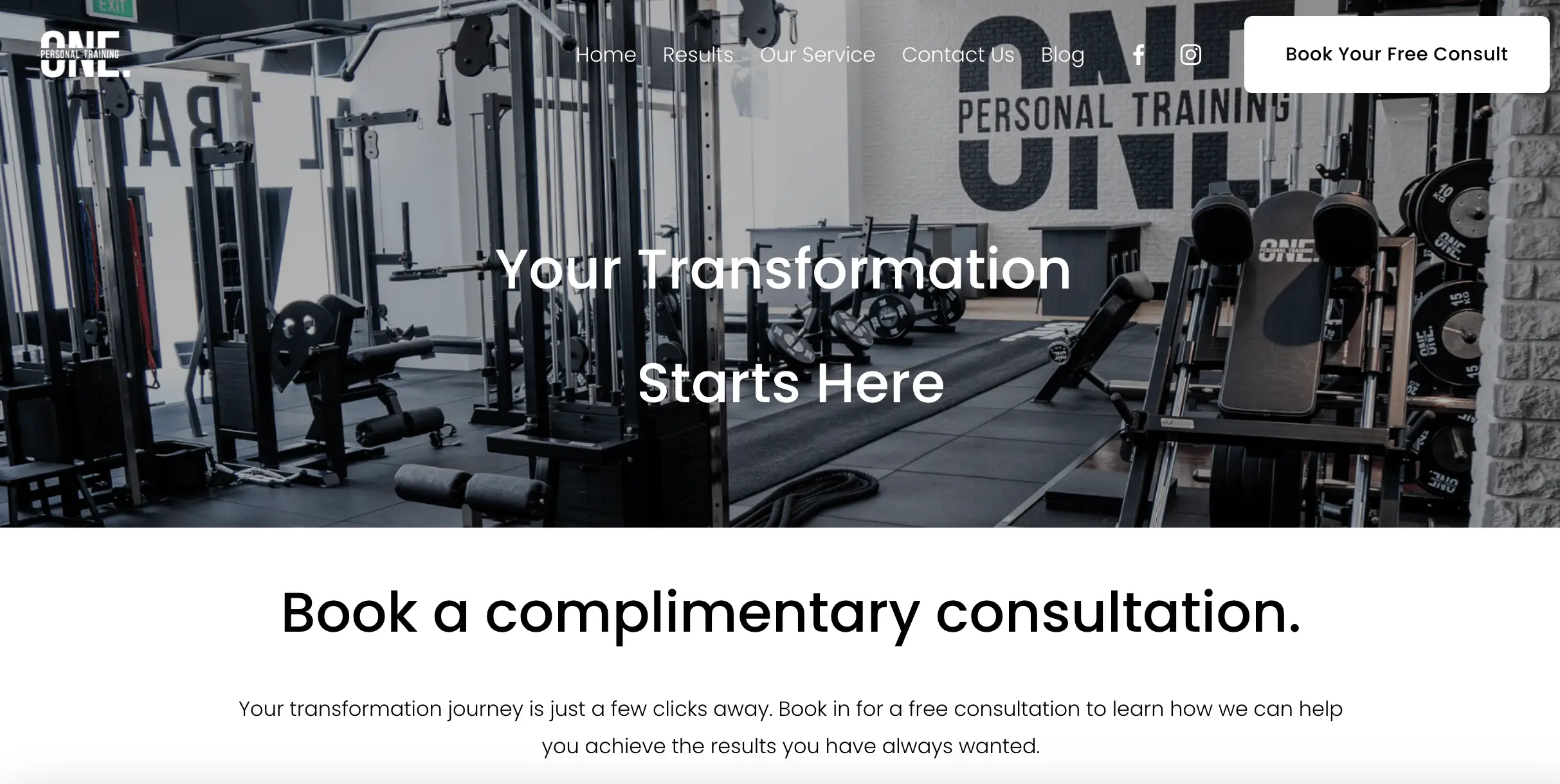 ONE Personal Training’s landing page with ‘Your Transformation Starts Here’ as headline