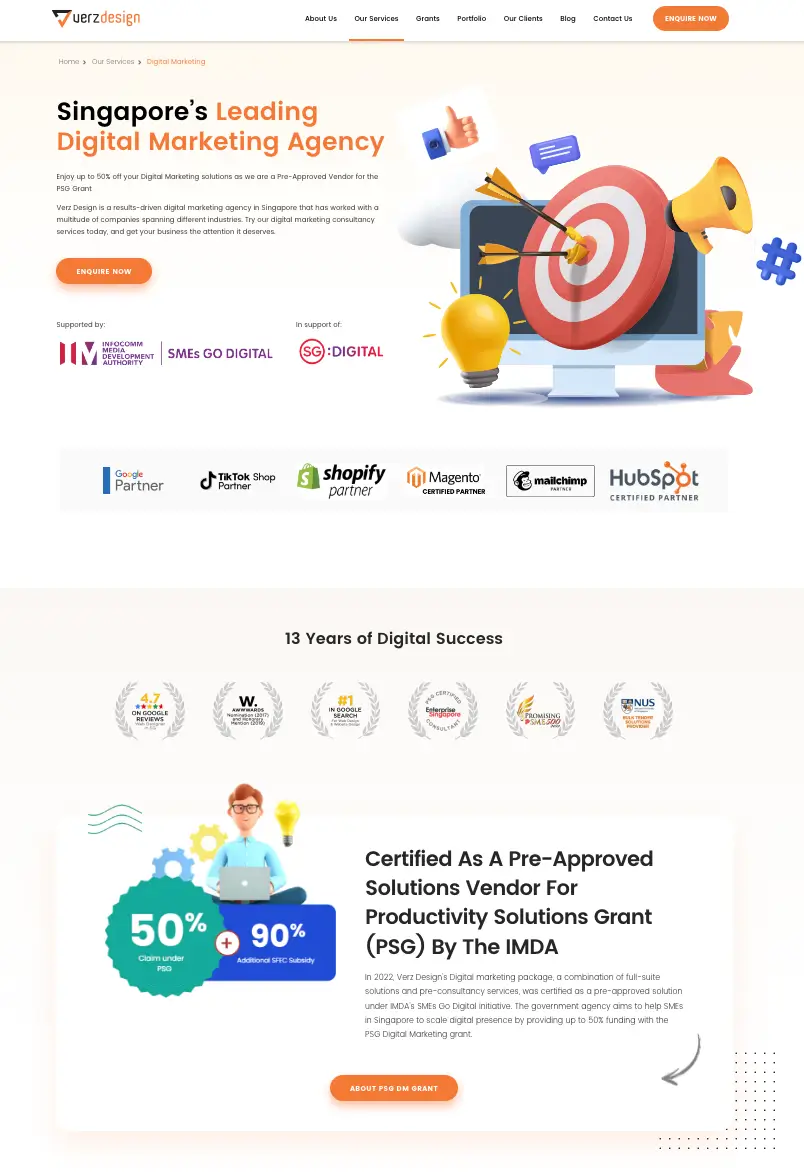 Verz Design digital marketing page with trustworthy partners, reviews and awards