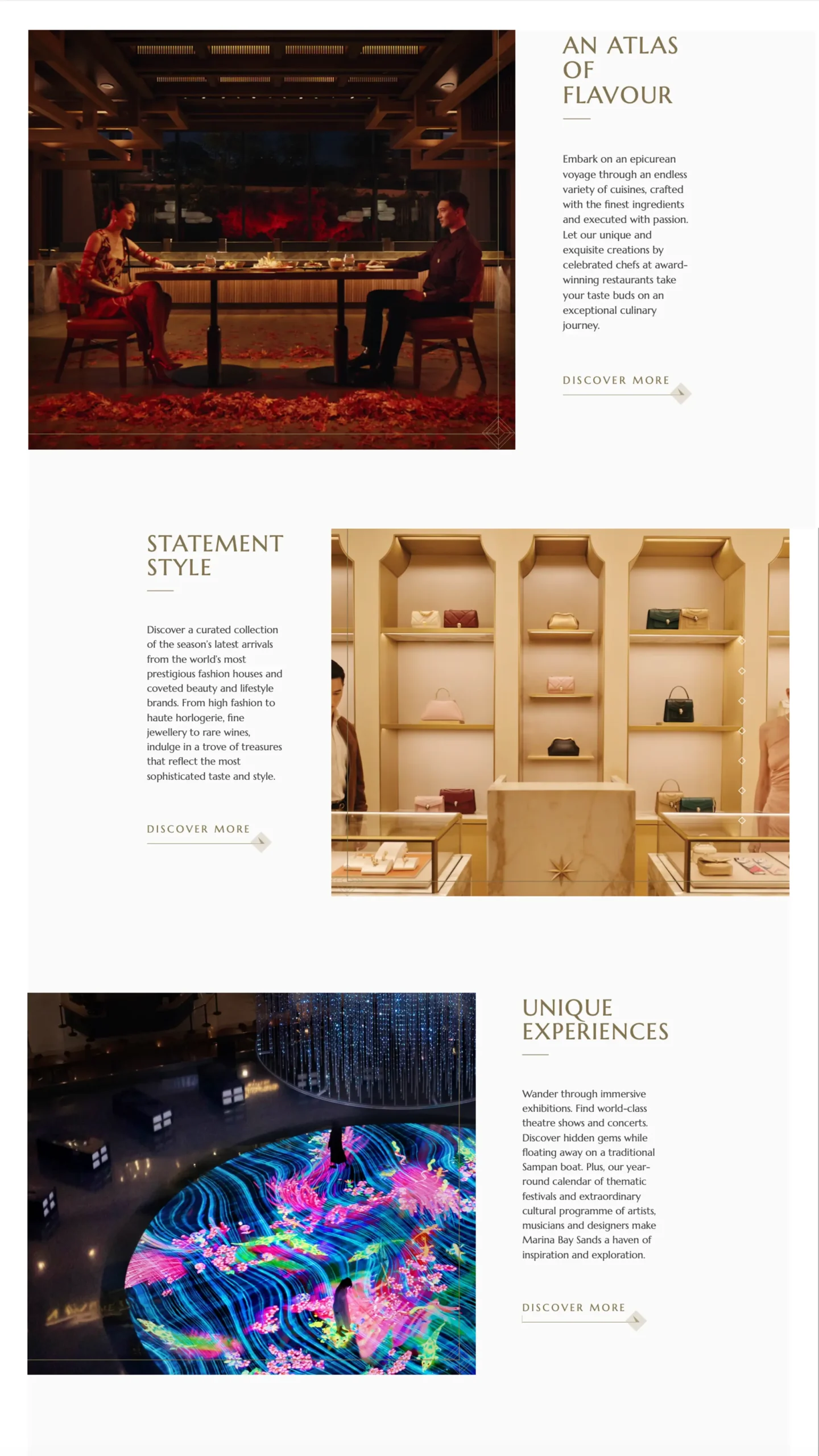 Marina Bay Sands page with high-quality images and videos of hotel features