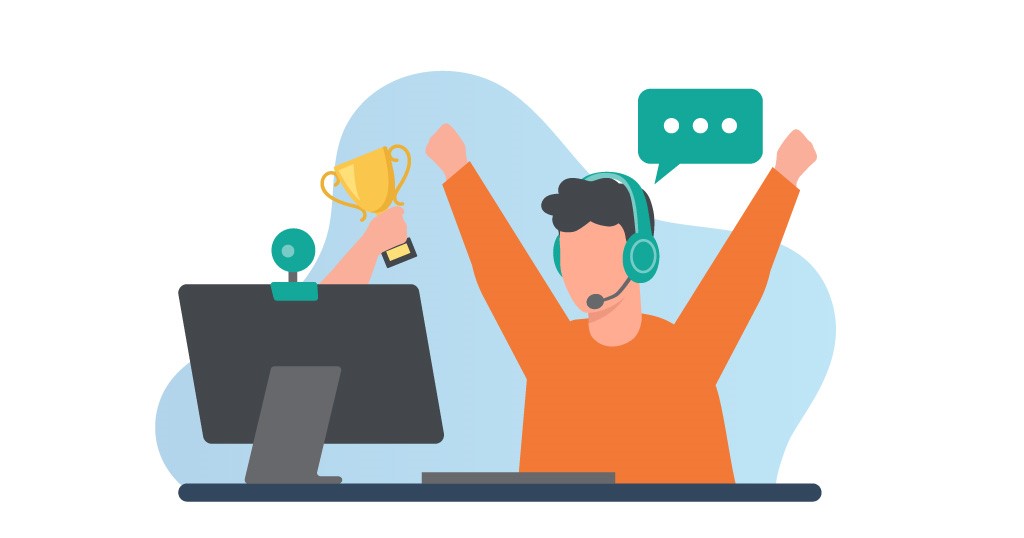 Man with headphones facing a hand sticking out the monitor holding a trophy