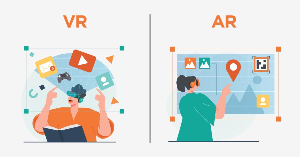Dual view of 2 persons using VR and AR