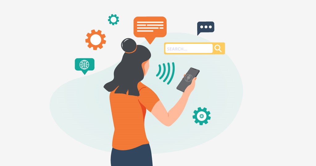 Woman commanding programs and apps through voice