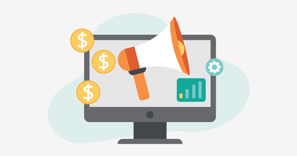 Monitor designed with megaphone, dollar signs and bar graph