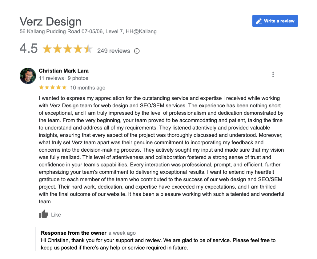 Christian Mark Lara’s Google Reviews about Verz Design