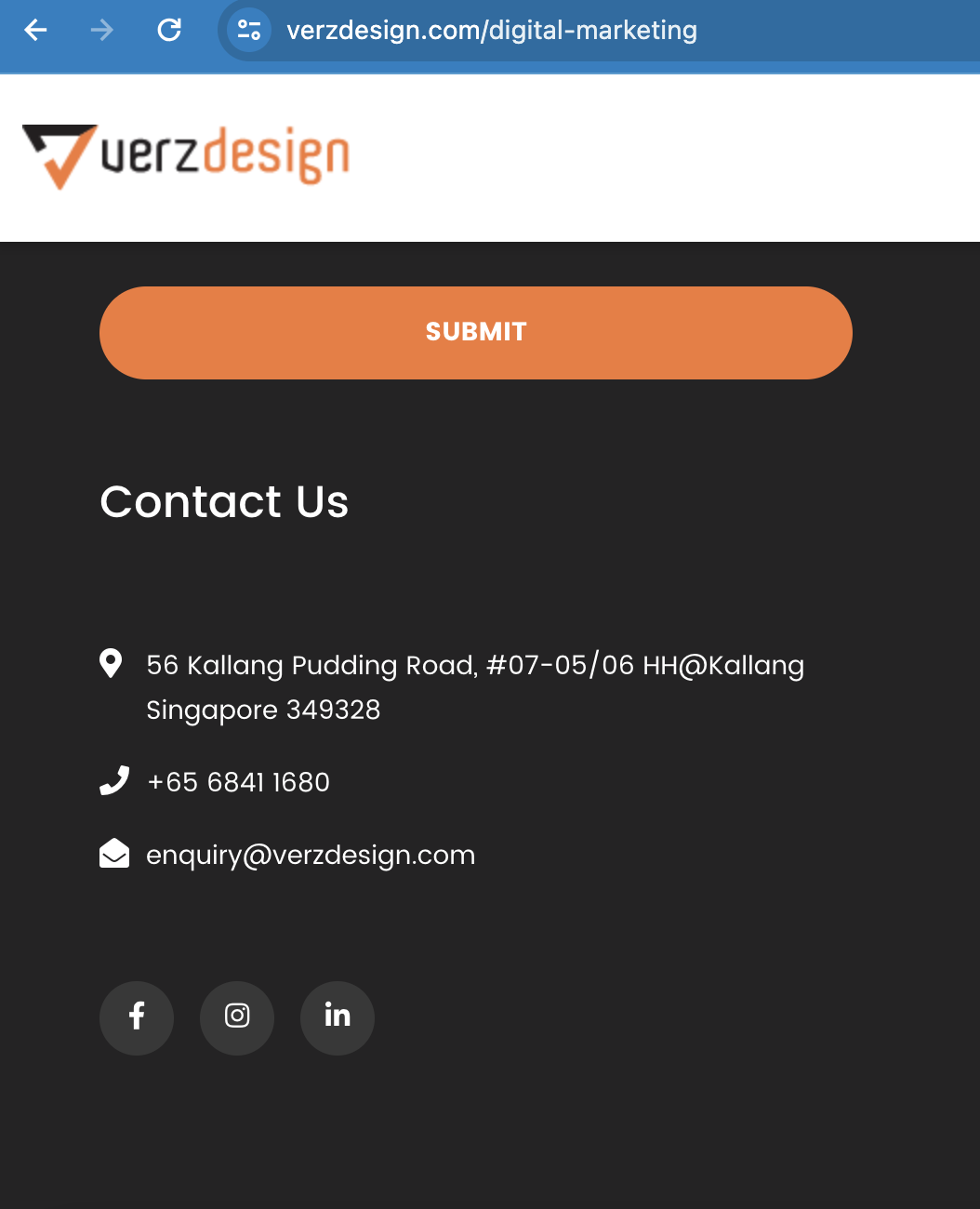Verz Design footer with social media sharing buttons