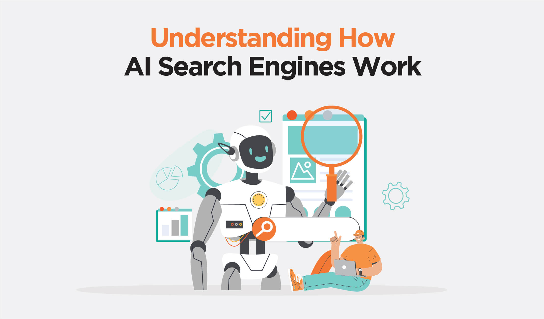 Illustration of a robot and a person sitting with a laptop, depicting the concept of AI search engines with a magnifying glass and gear icons.