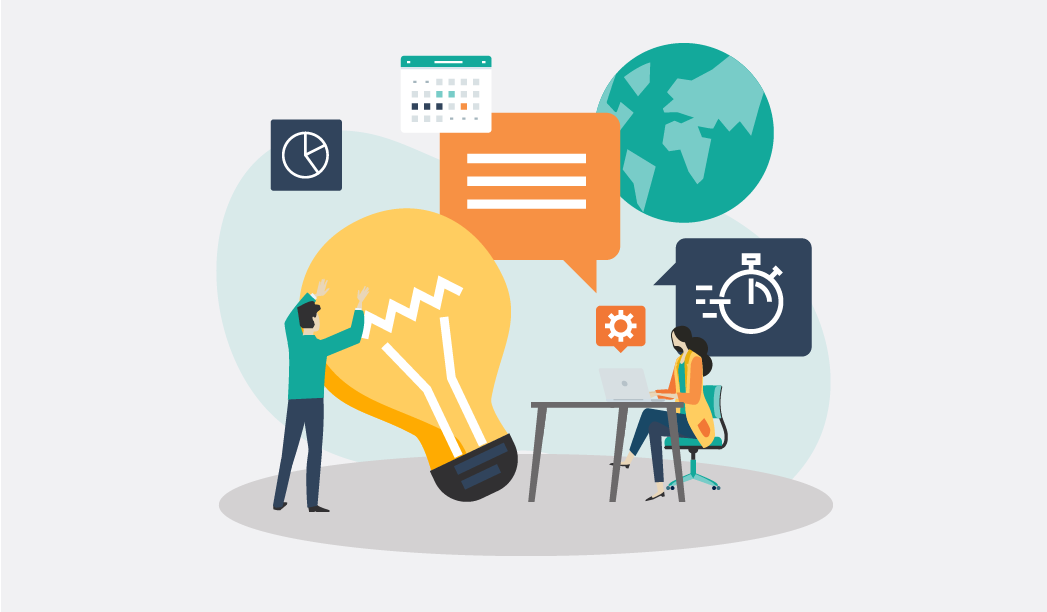 Illustration of two people brainstorming, with a giant light bulb, charts, a calendar, and communication icons representing ideas and productivity.