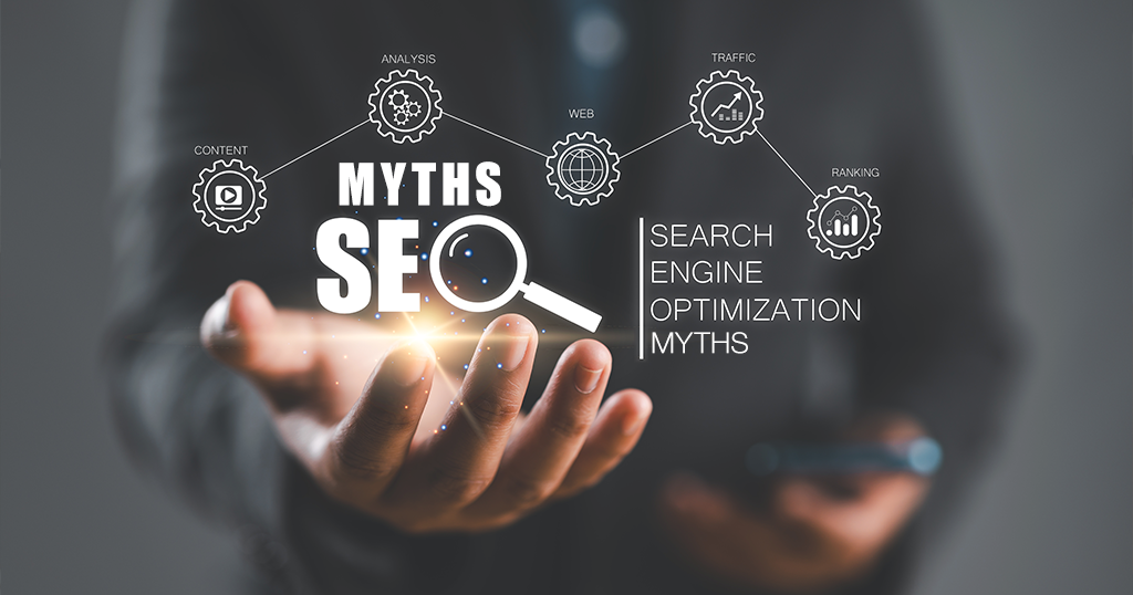 Illustration of common SEO myths in digital marketing, highlighting misconceptions about content, traffic, and rankings