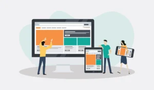 Illustration of people working with responsive web design on multiple devices including a desktop, tablet, and smartphone.